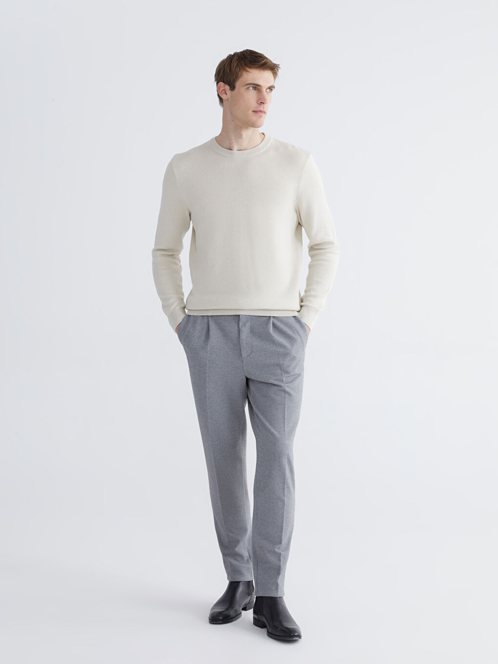 Bej Bisiklet Yaka Erkek Triko Kazak-1