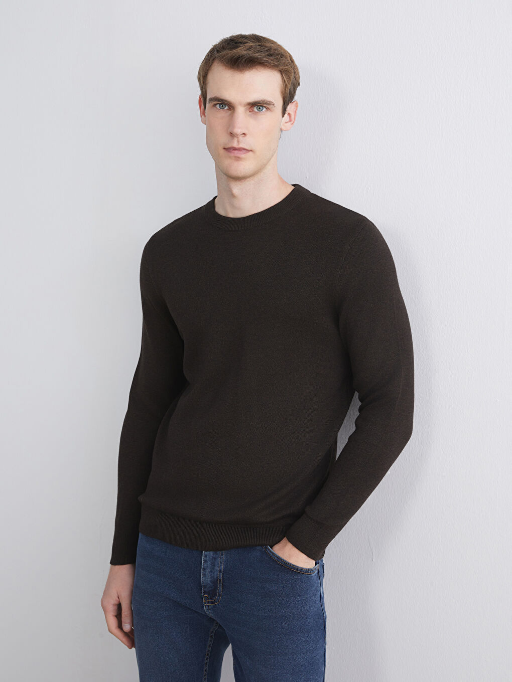 Kahverengi Bisiklet Yaka Erkek Triko Kazak