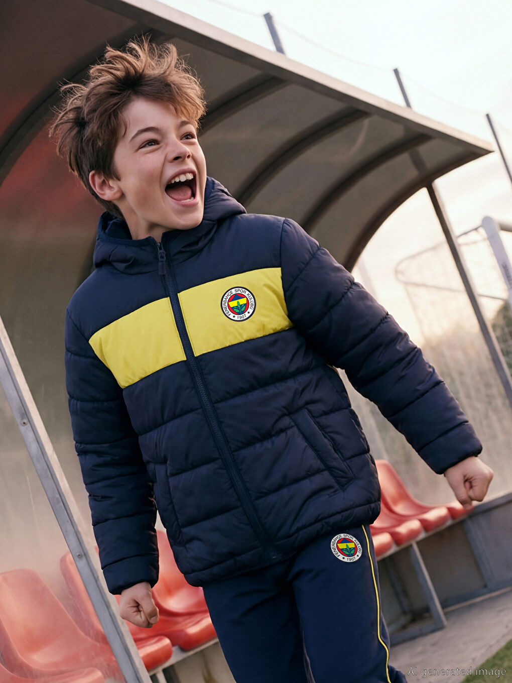 Lacivert Kapüşonlu Fenerbahçe Baskılı Erkek Çocuk Şişme Mont