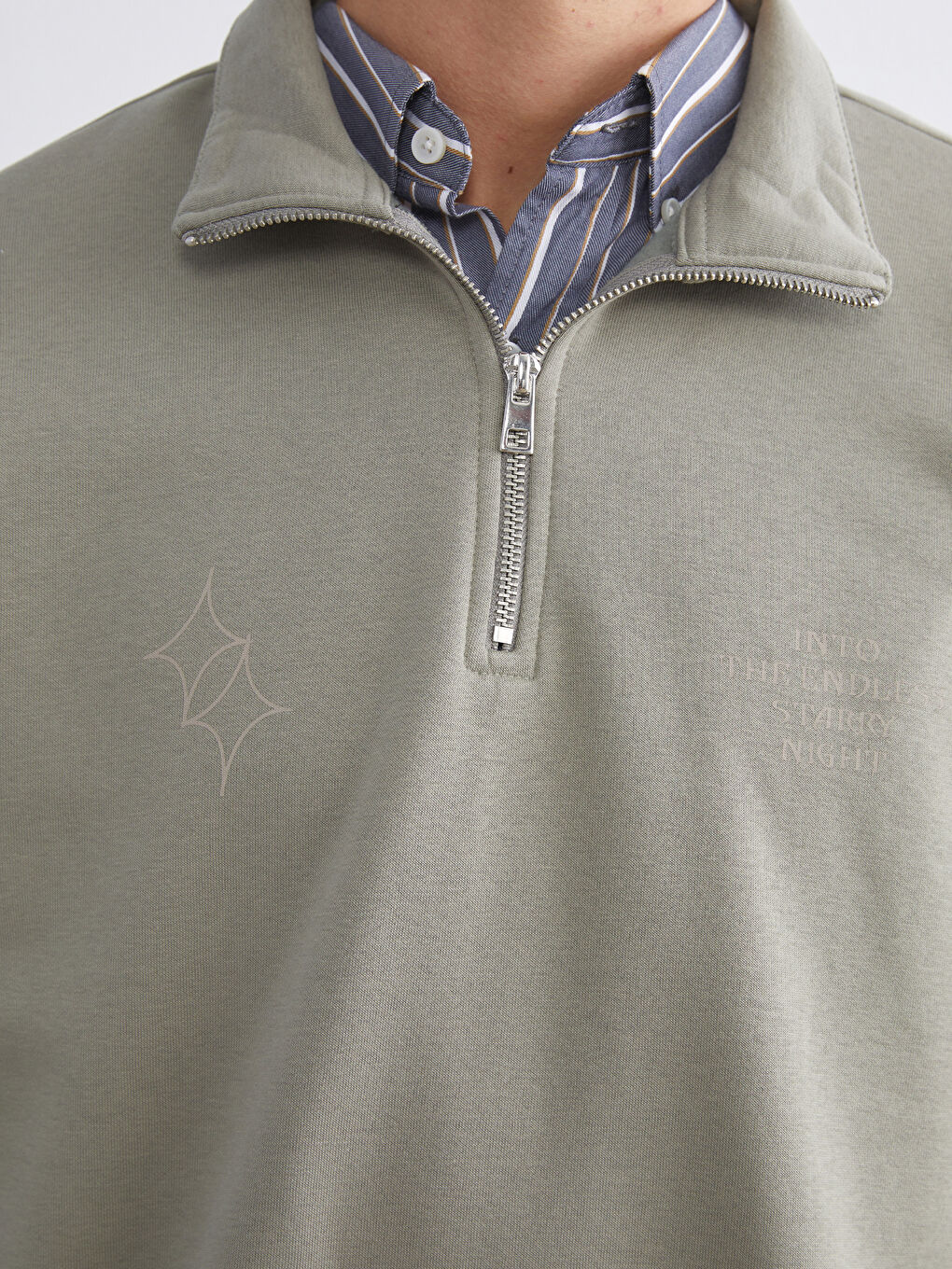 Haki Dik Yaka Uzun Kollu Baskılı Erkek Sweatshirt-2