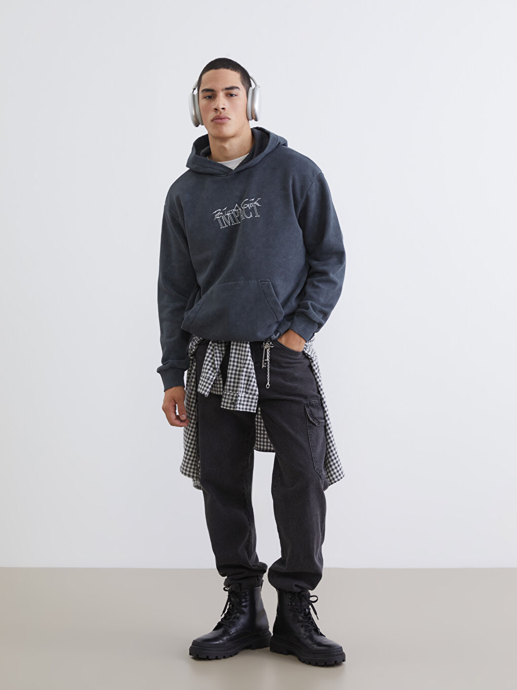 Antrasit Baskılı Erkek Kalın Hoodie-1