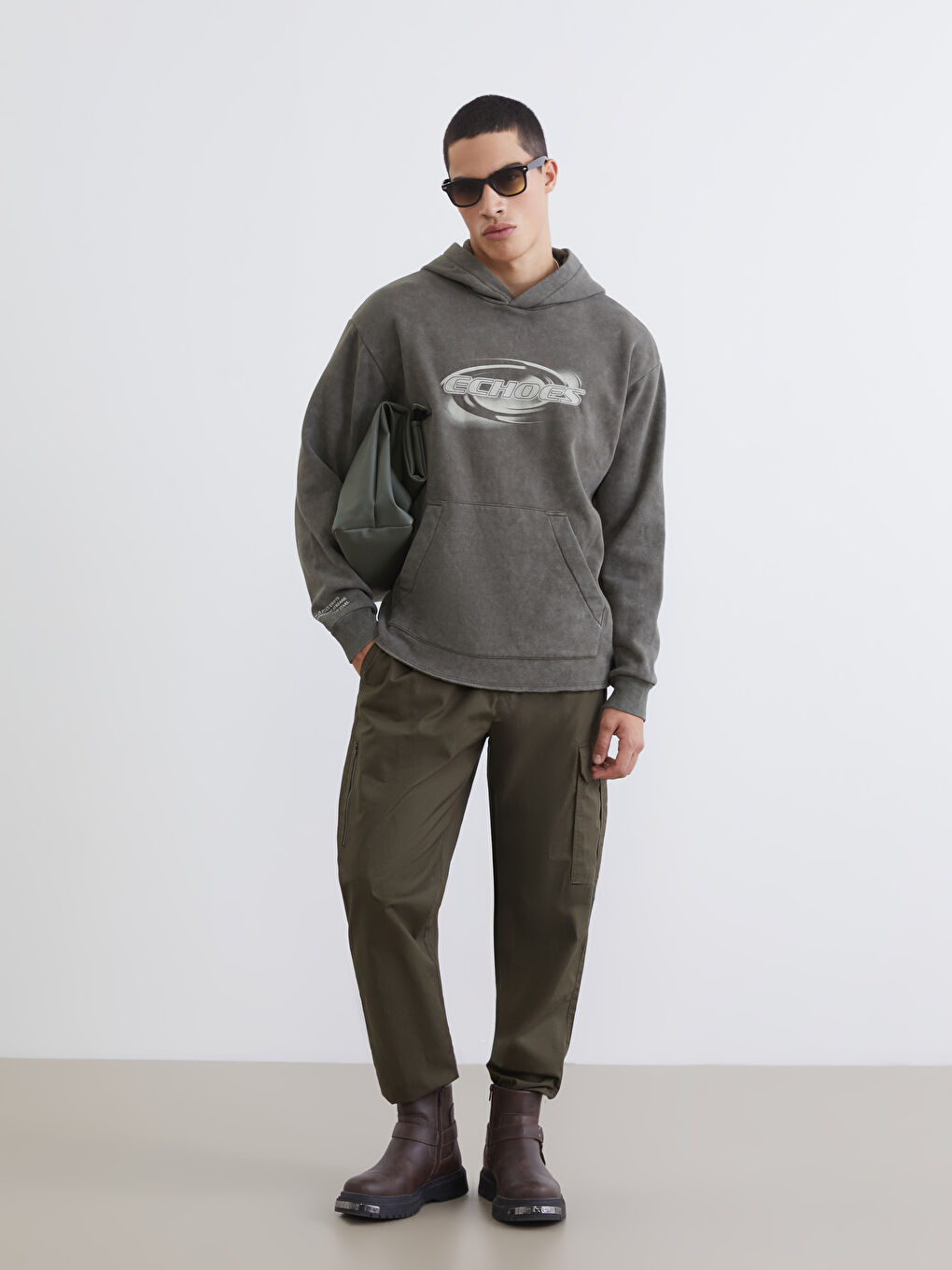 Haki Baskılı Erkek Kalın Hoodie-1