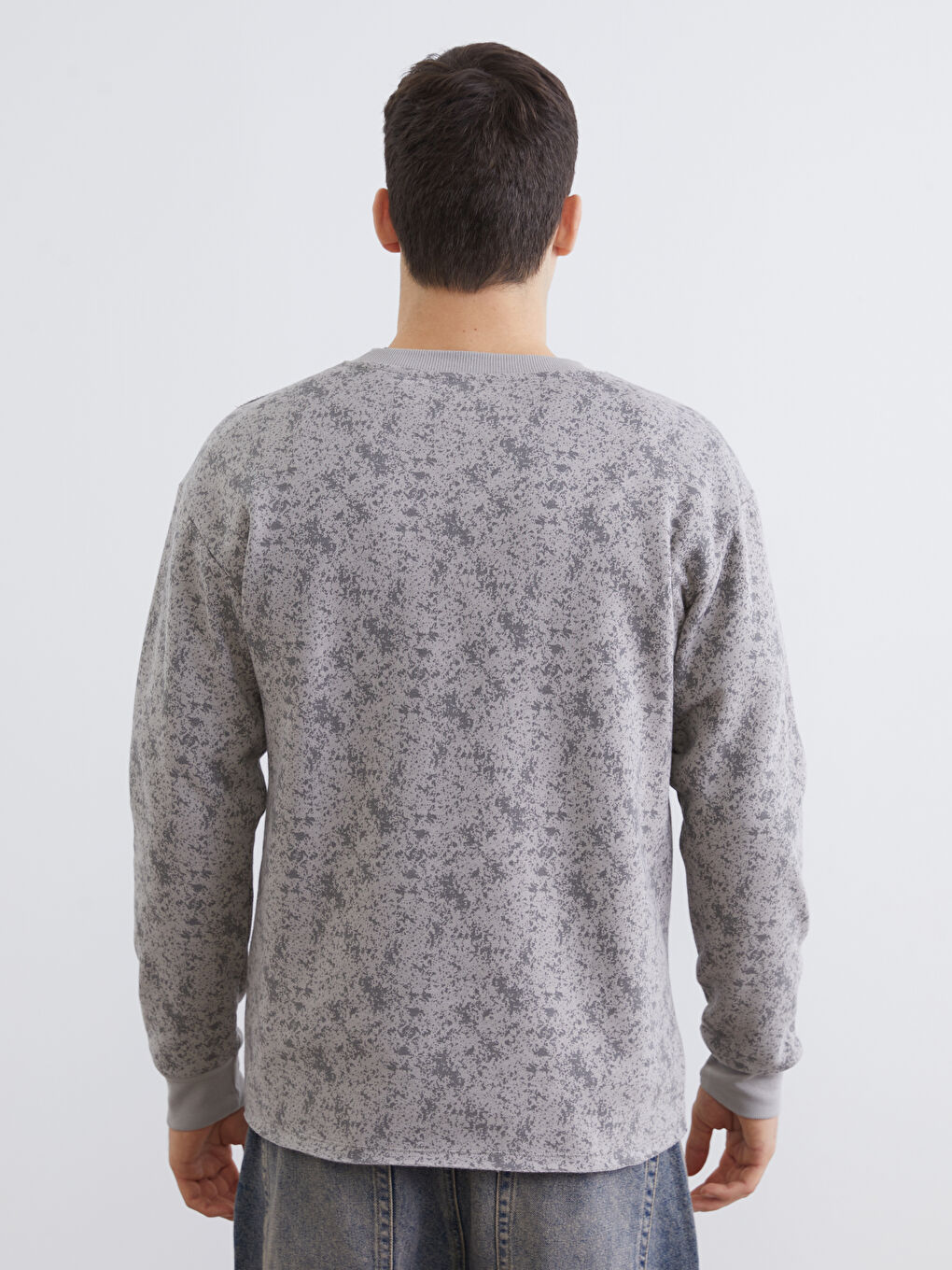 Gri Bisiklet Yaka Baskılı Erkek Kalın Sweatshirt-3