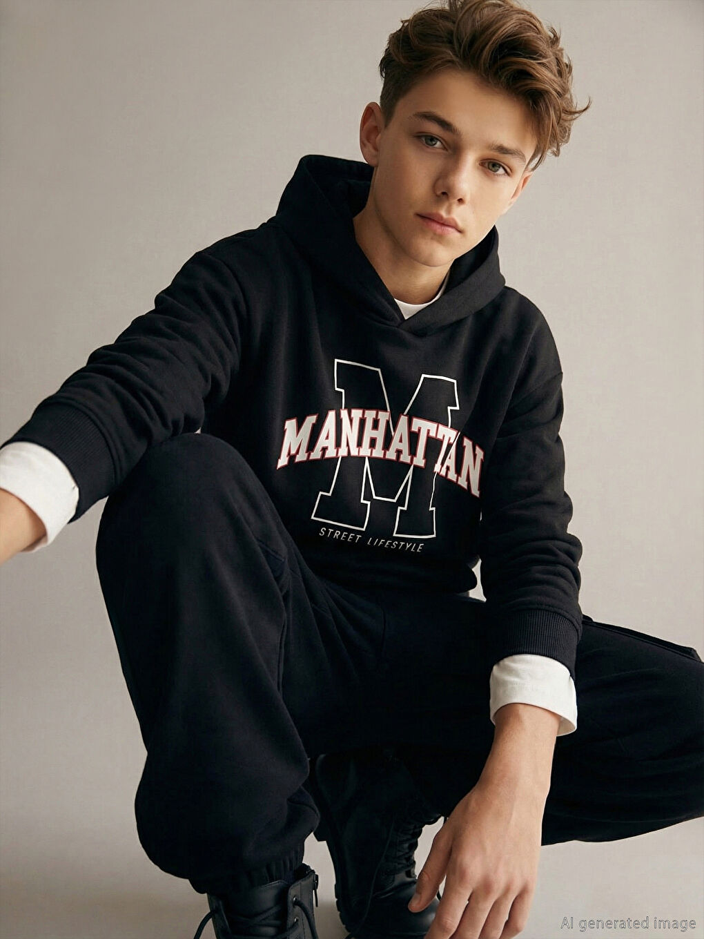 Siyah Kapüşonlu Baskılı Erkek Çocuk Sweatshirt