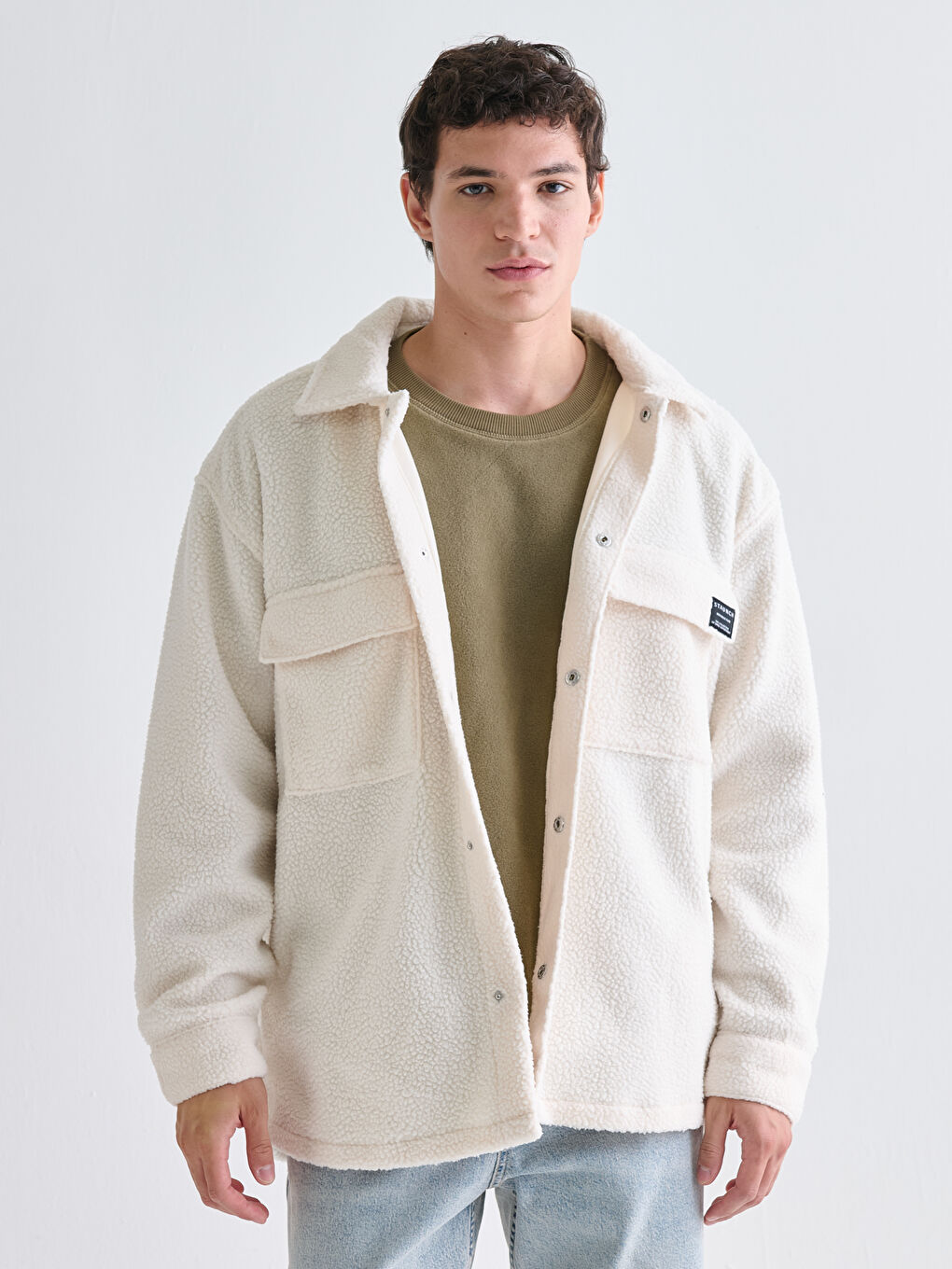 Relaxed Fit Long Sleeve Plush Men's Shirt Jacket