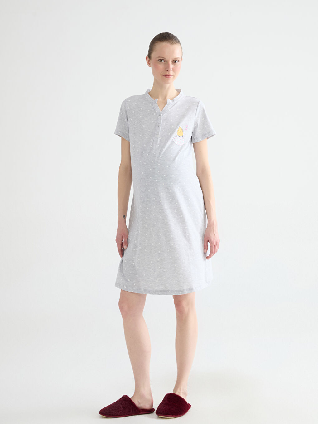 Notch Neck Chick Print Maternity Nightdress-1