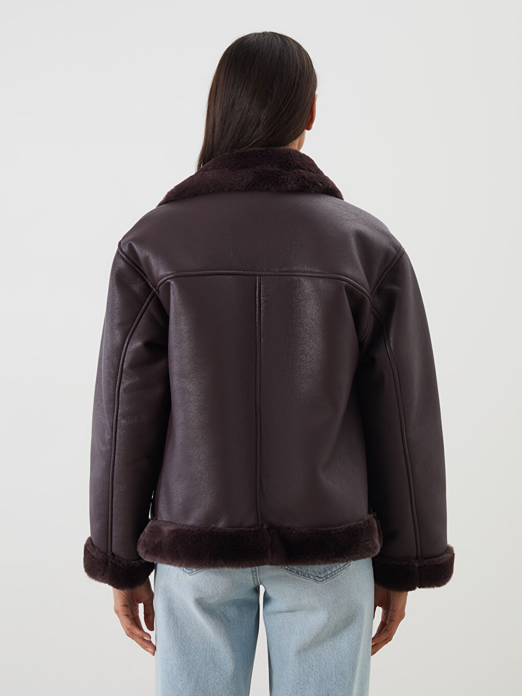 Biker Neck Women's Faux Leather Coat-4