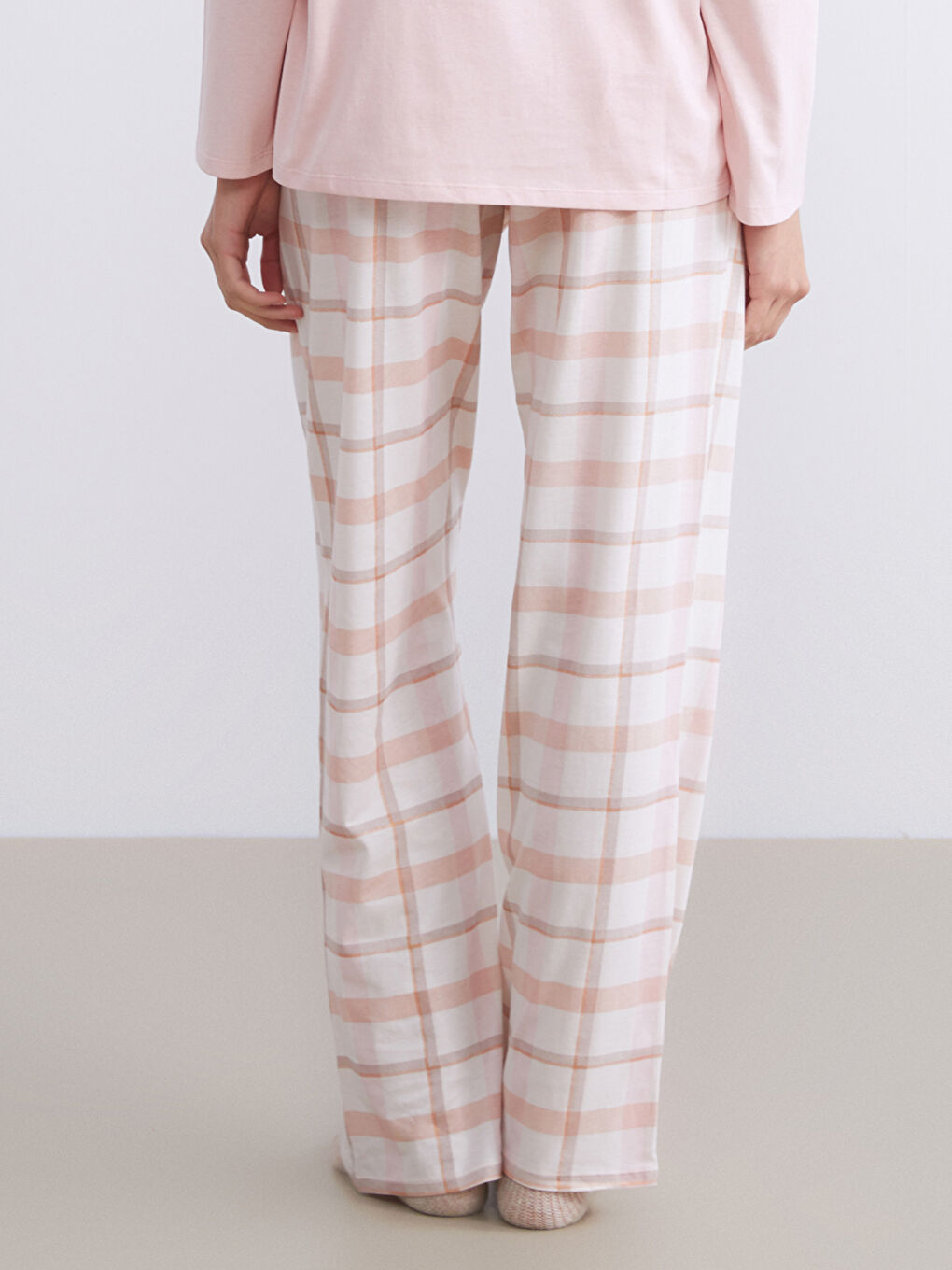 Pembe Beli Lastikli Ekose Geniş Paça Kadın Pijama Altı-1