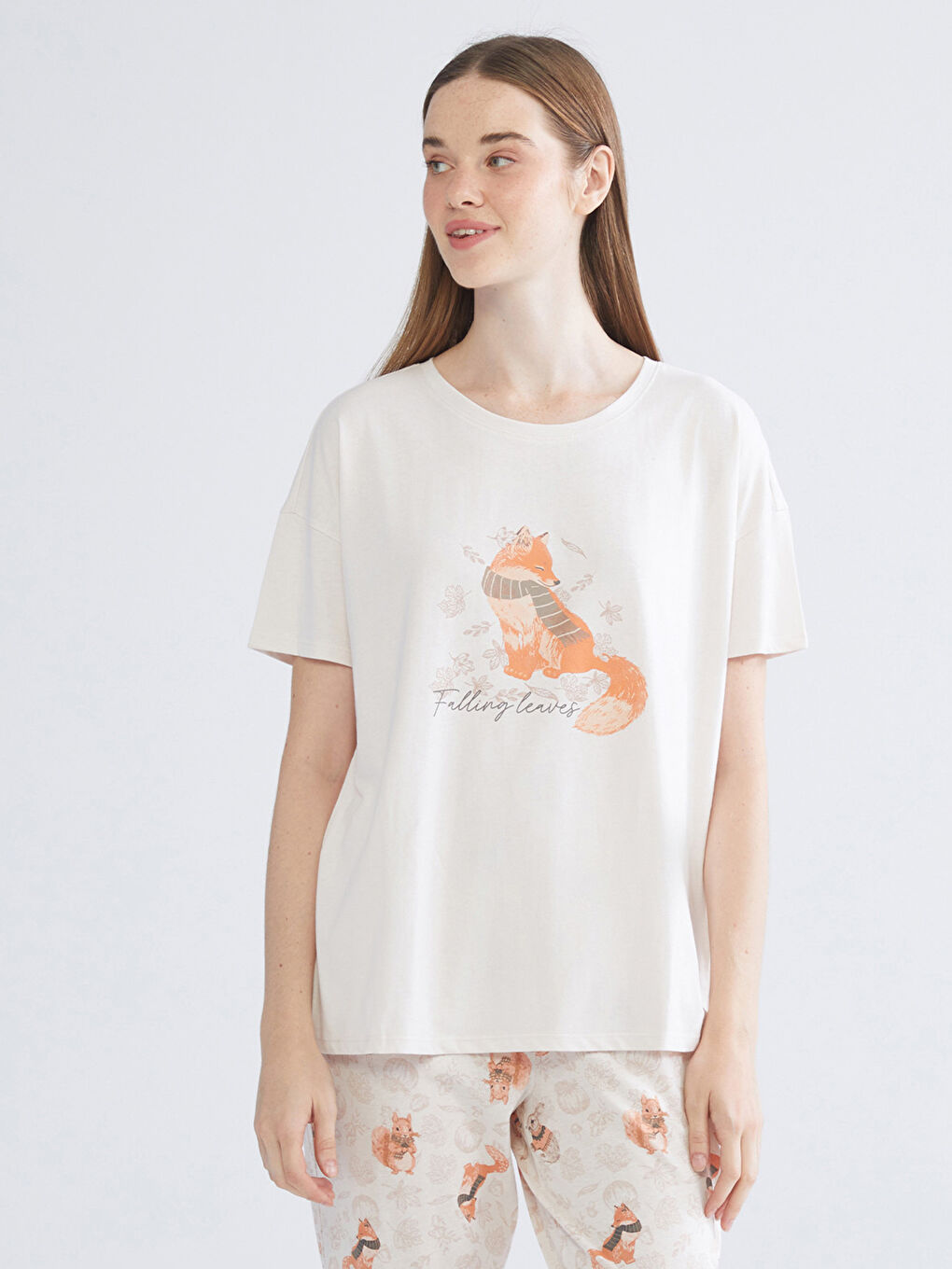 Pembe Bisiklet Yaka Baskılı Kadın Pijama Üst