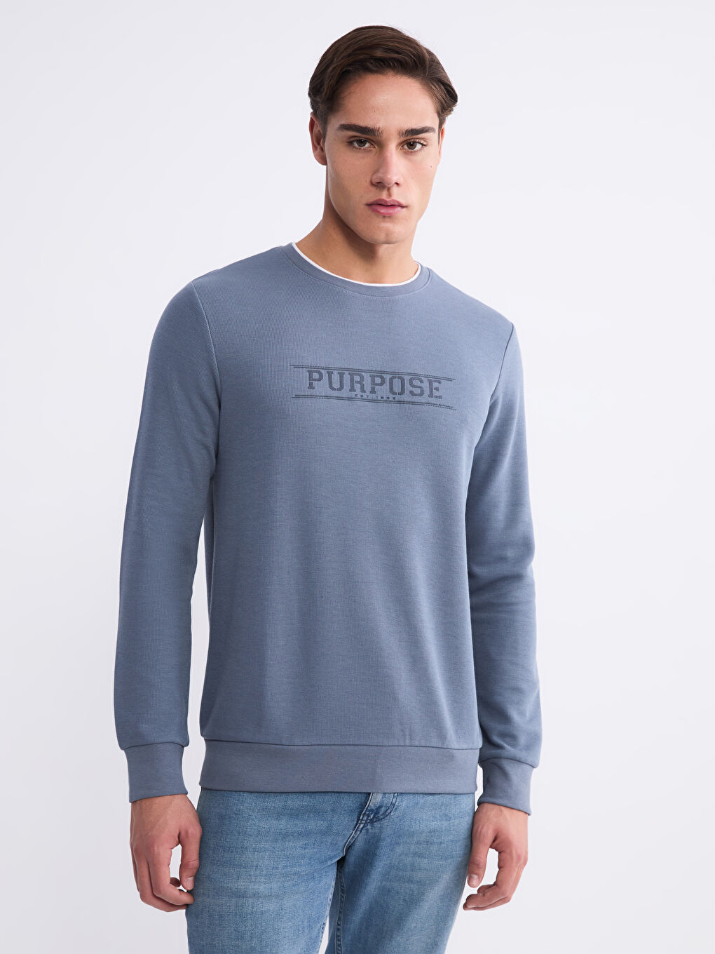 Mavi Bisiklet Yaka Baskılı Erkek Sweatshirt