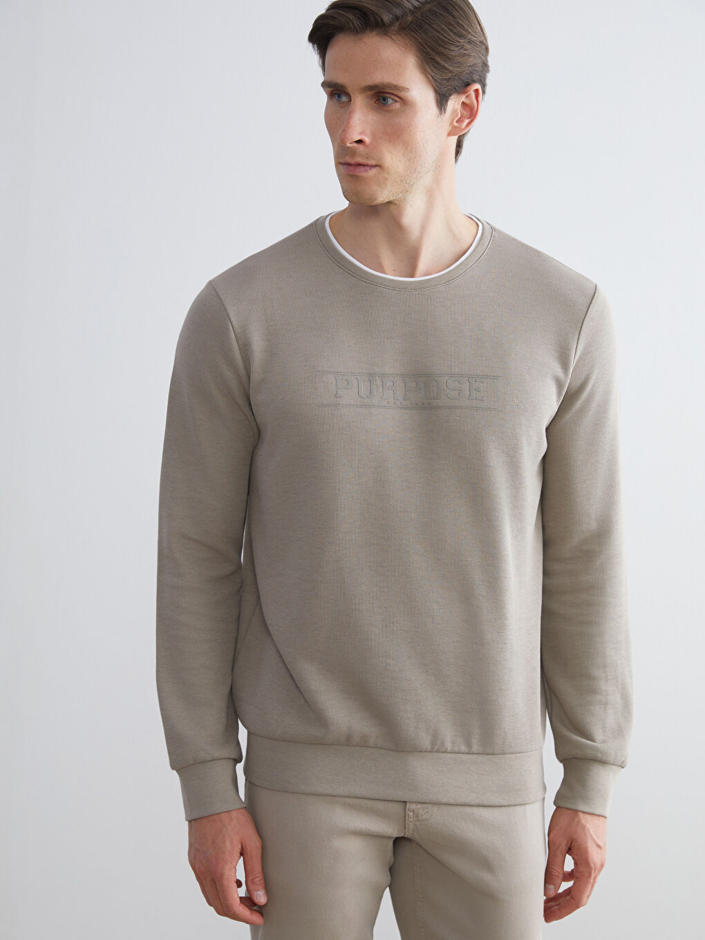 Bej Bisiklet Yaka Baskılı Erkek Sweatshirt