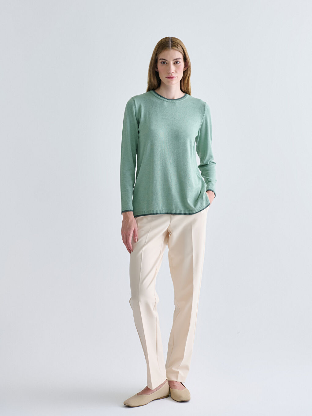 Yeşil Bisiklet Yaka Kadın Triko Kazak-1