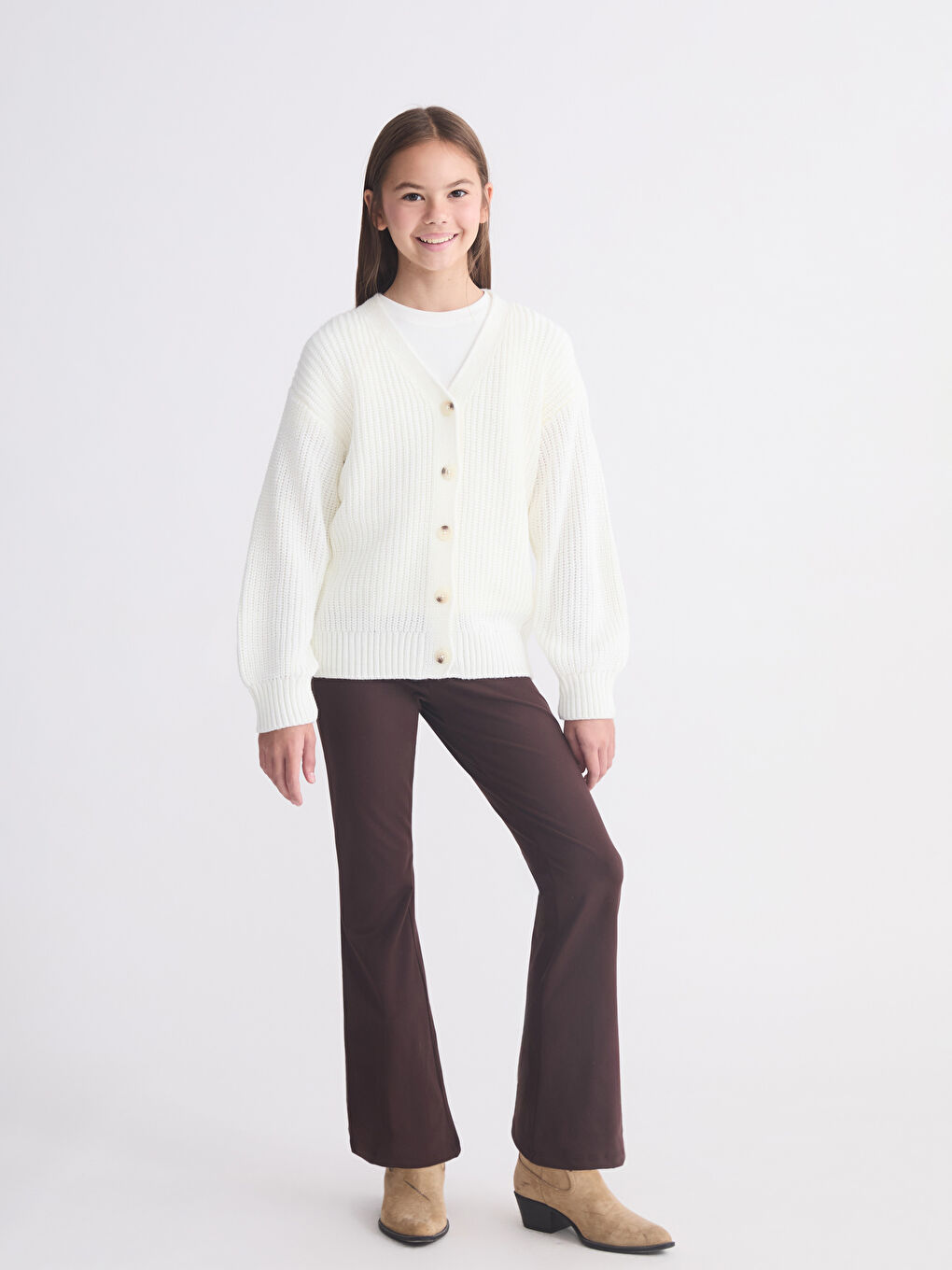 Ekru V Yaka Kız Çocuk Triko Hırka-1