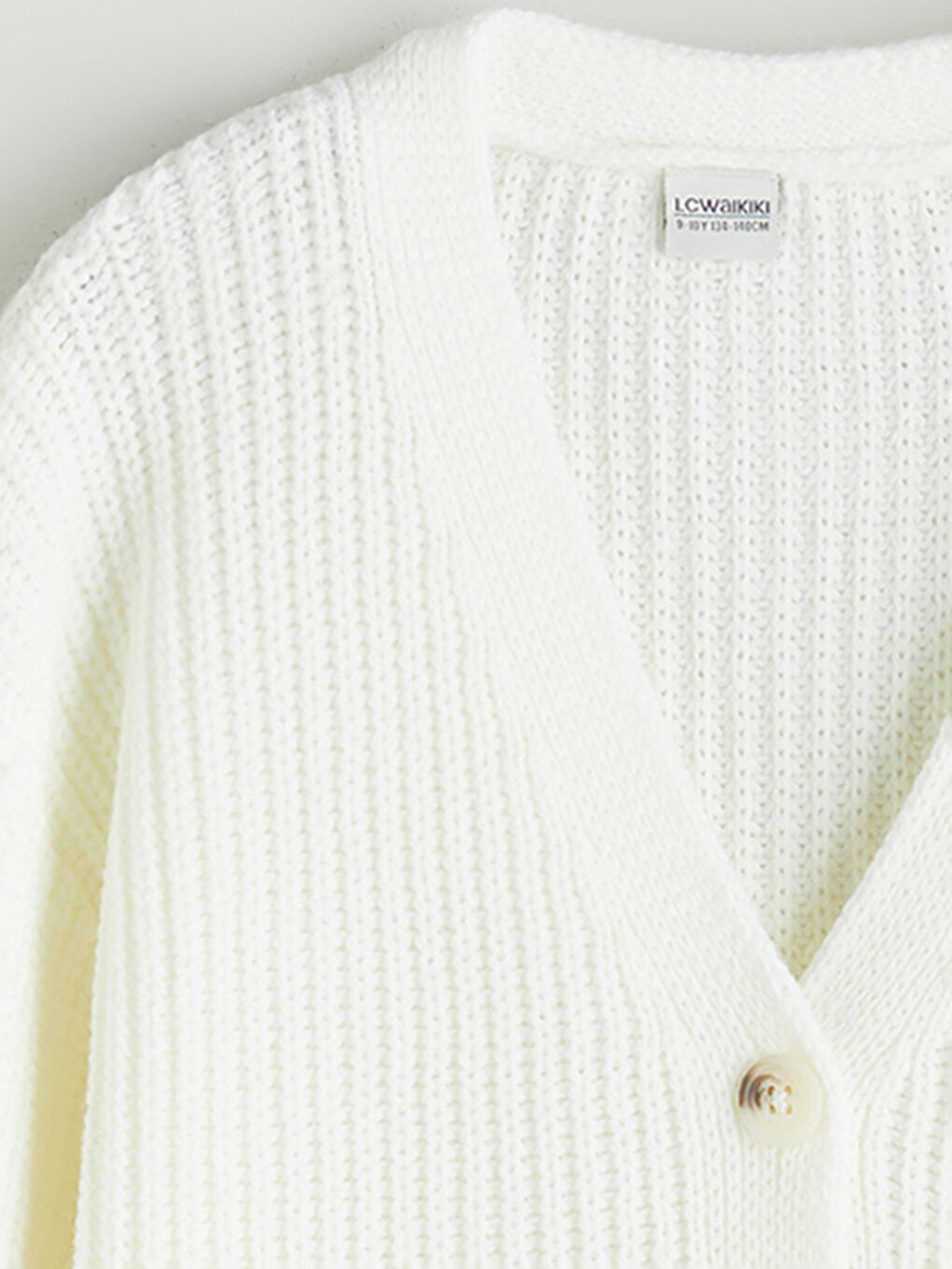 Ekru V Yaka Kız Çocuk Triko Hırka-4