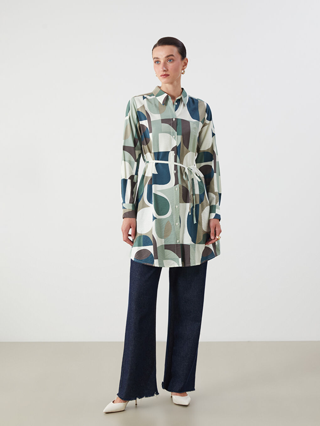 LCWAIKIKI Classic Patterned Women's Shirt Tunic with Sash -W5AG77Z8-F9C