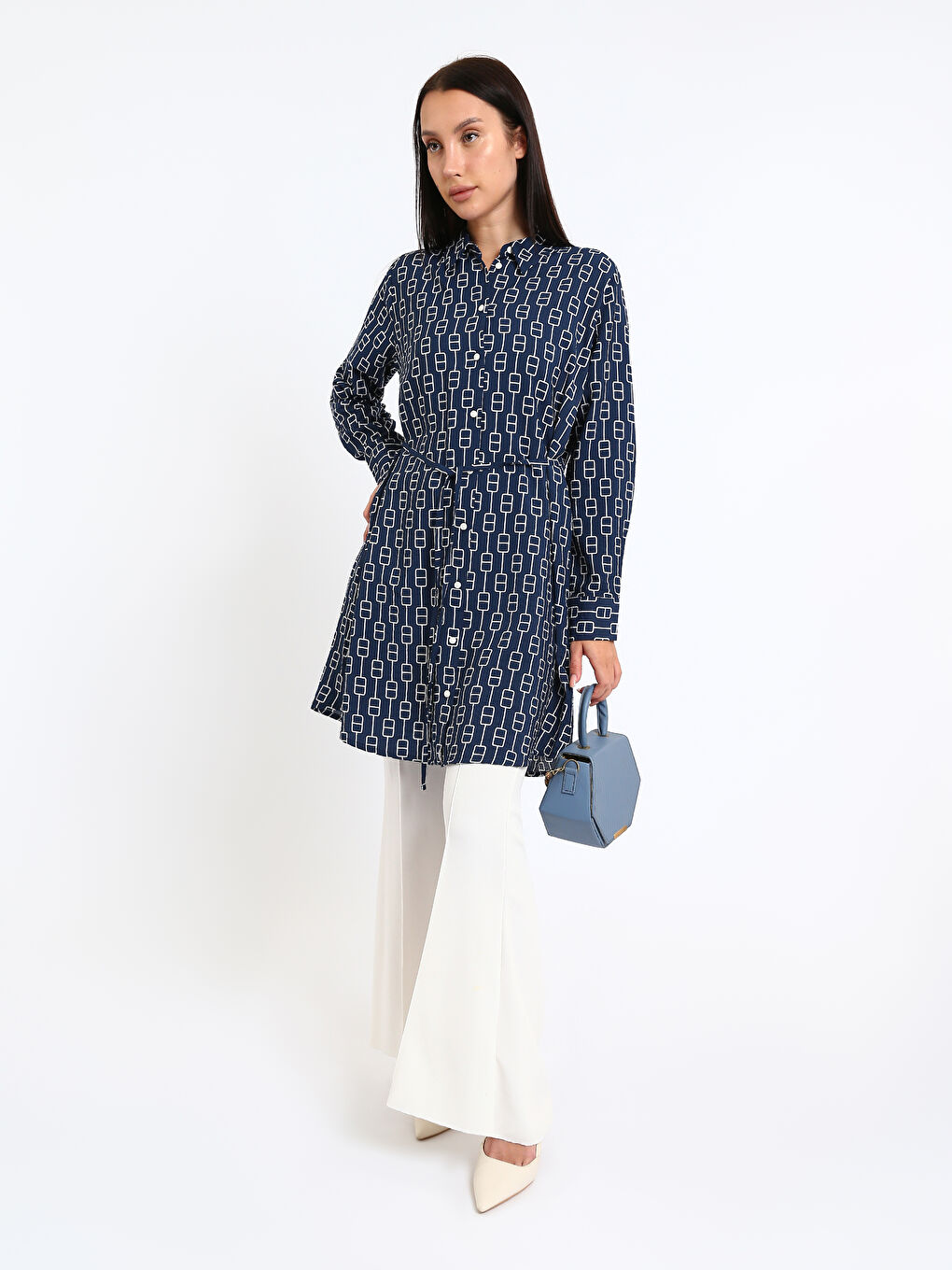 Tunique en chemise à motifs pour Femmes avec ceinture à nouer-1