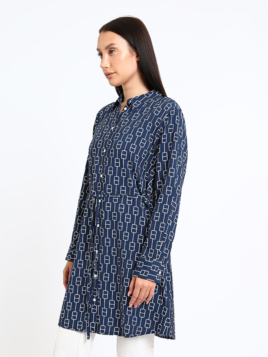 Tunique en chemise à motifs pour Femmes avec ceinture à nouer-3