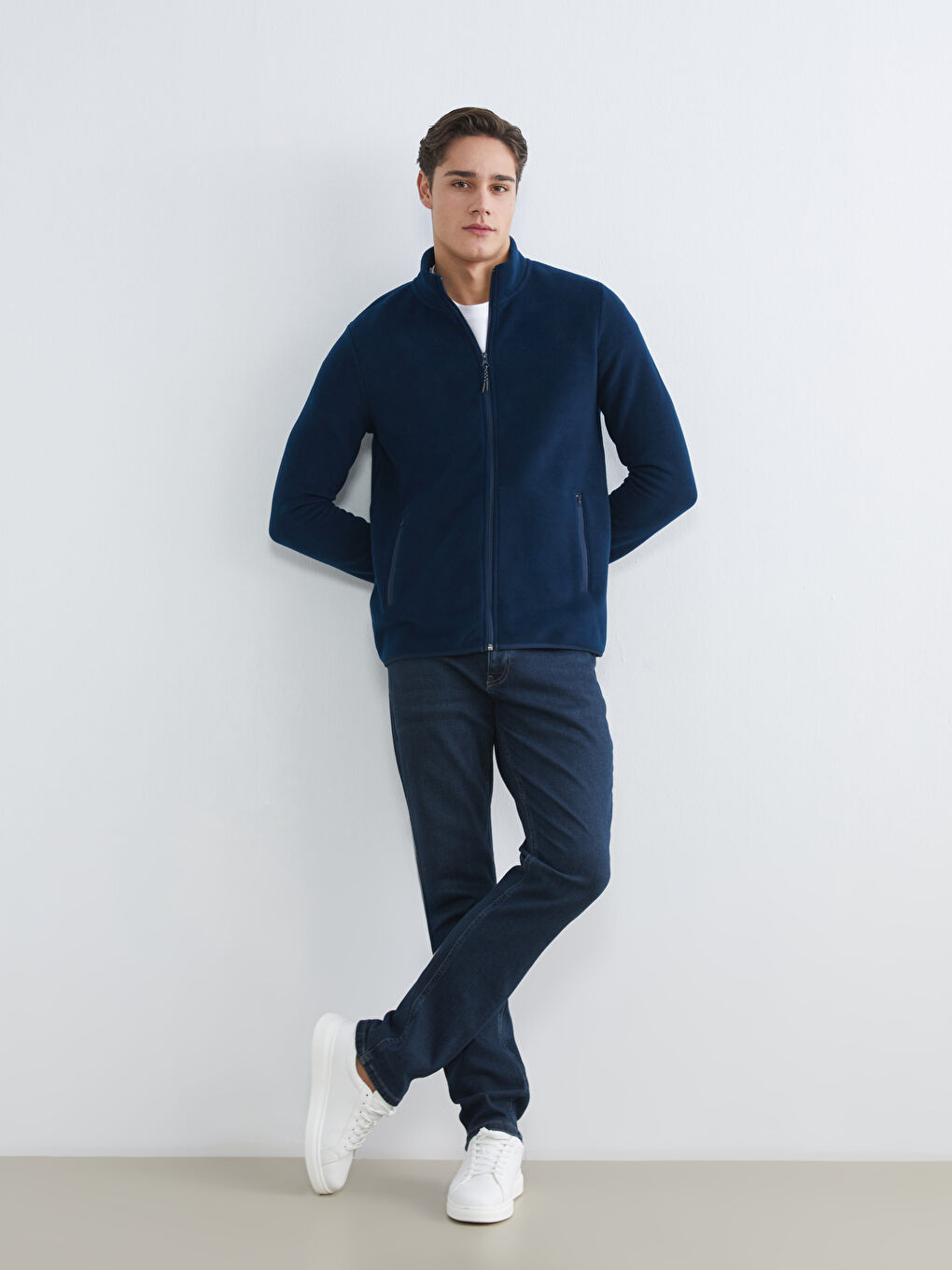 Petrol Dik Yaka Uzun Kollu Polar Erkek Fermuarlı Sweatshirt-1