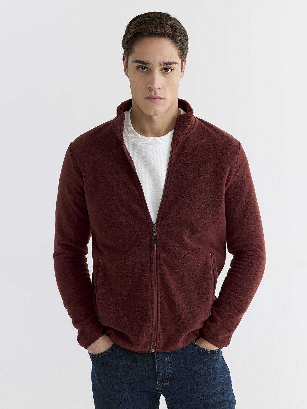 Bordo Dik Yaka Uzun Kollu Polar Erkek Fermuarlı Sweatshirt
