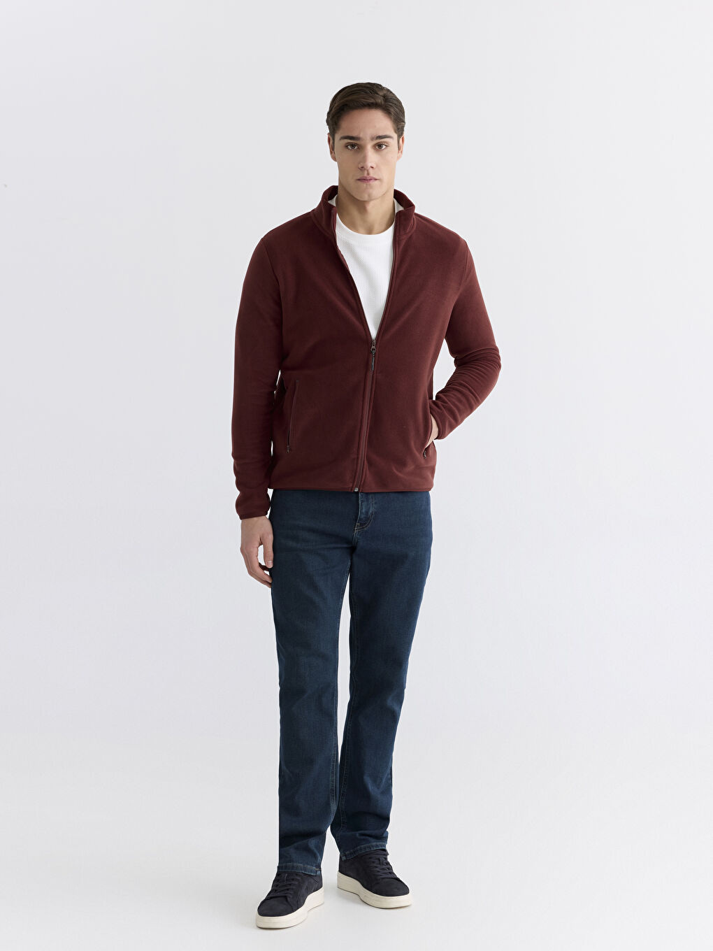 Bordo Dik Yaka Uzun Kollu Polar Erkek Fermuarlı Sweatshirt-1