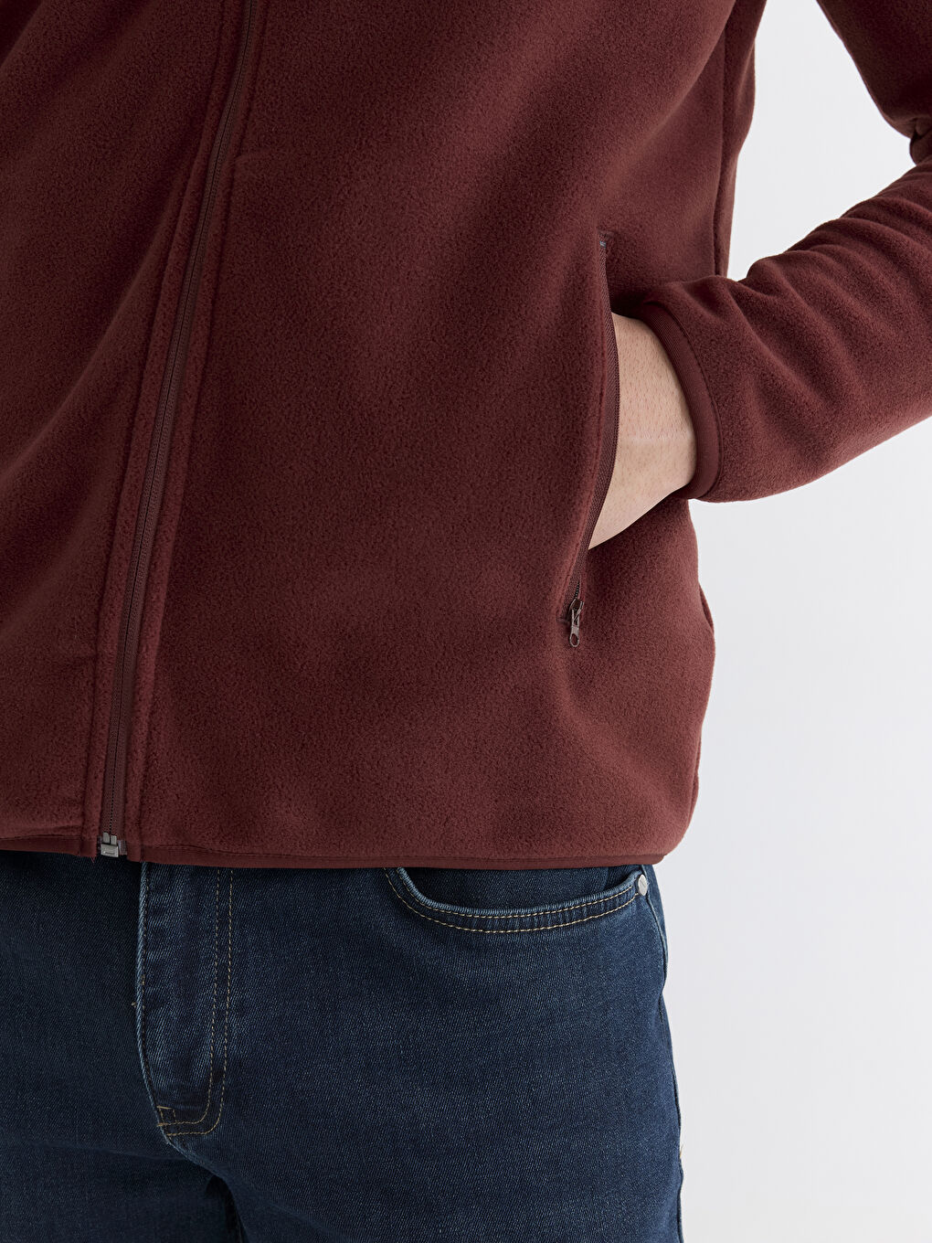 Bordo Dik Yaka Uzun Kollu Polar Erkek Fermuarlı Sweatshirt-2