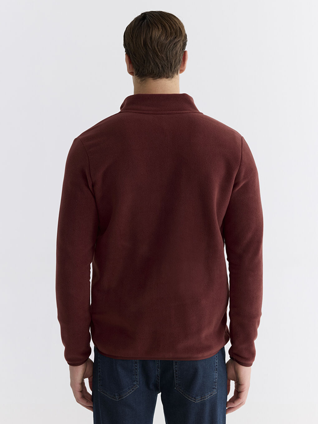 Bordo Dik Yaka Uzun Kollu Polar Erkek Fermuarlı Sweatshirt-3