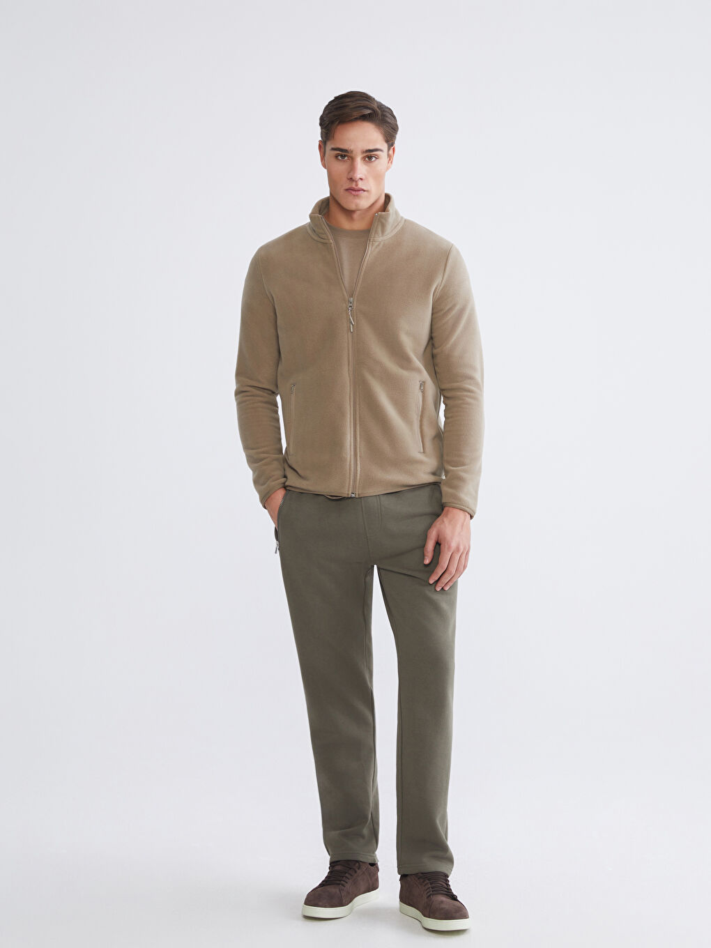 Kahverengi Dik Yaka Uzun Kollu Polar Erkek Fermuarlı Sweatshirt-1