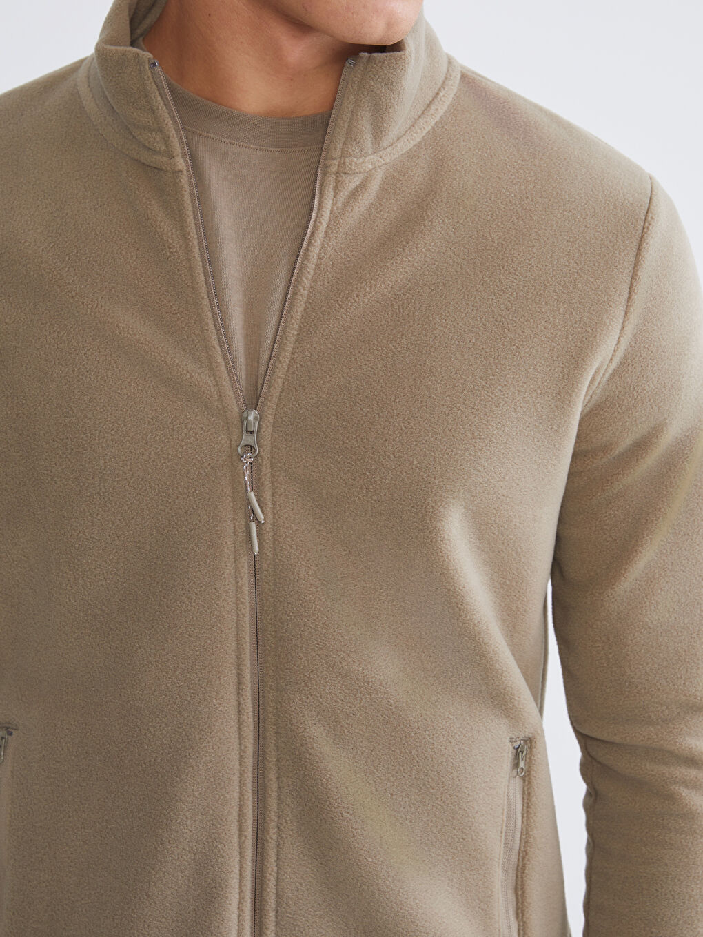 Kahverengi Dik Yaka Uzun Kollu Polar Erkek Fermuarlı Sweatshirt-2