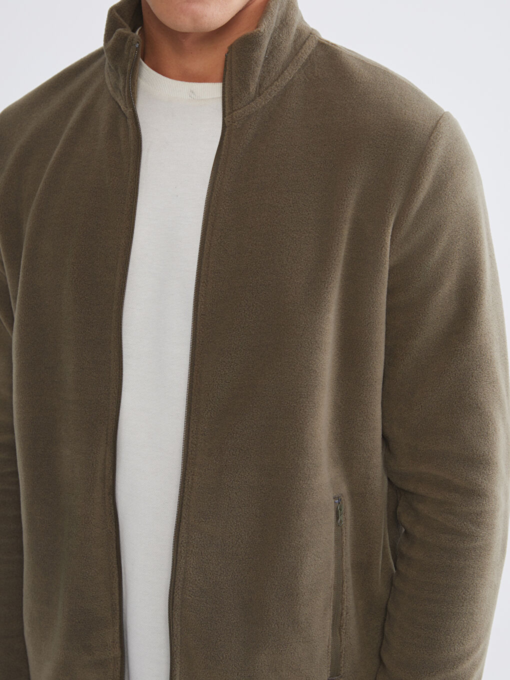 Haki Dik Yaka Uzun Kollu Polar Erkek Fermuarlı Sweatshirt-2