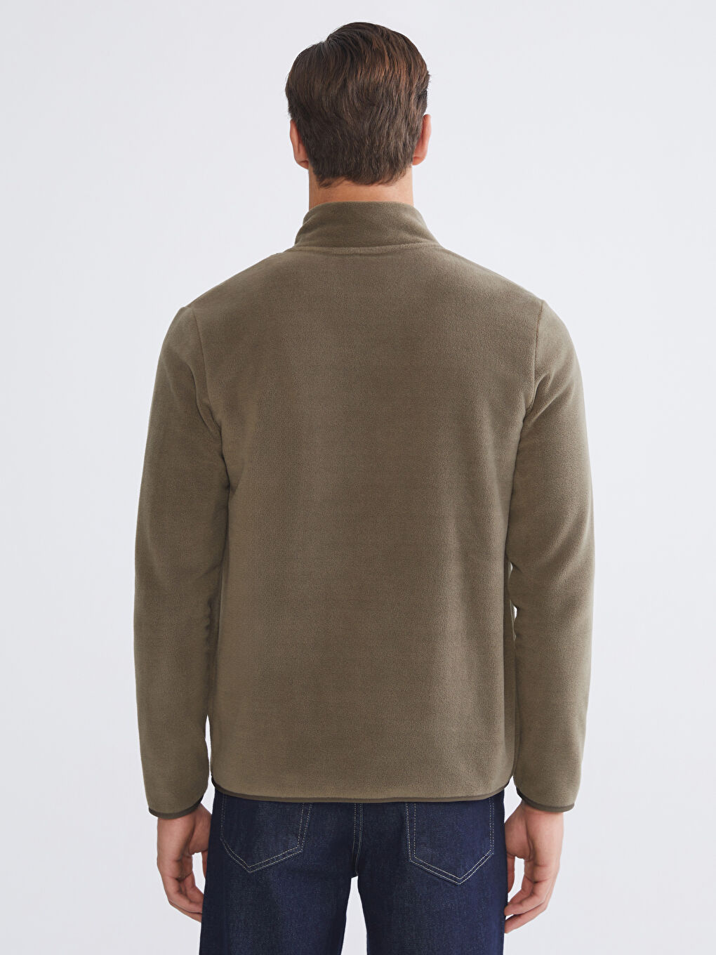 Haki Dik Yaka Uzun Kollu Polar Erkek Fermuarlı Sweatshirt-3