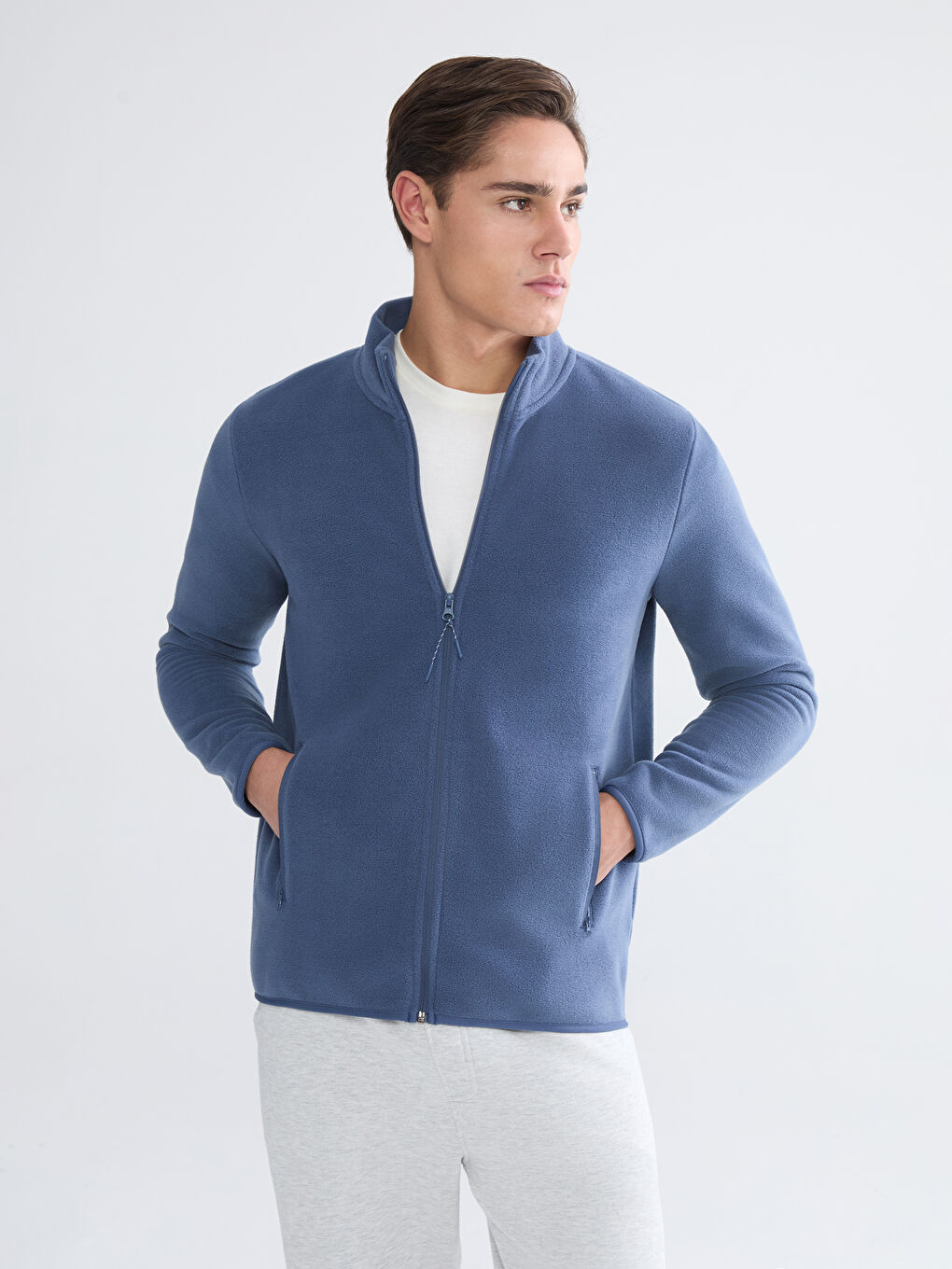 Mavi Dik Yaka Uzun Kollu Polar Erkek Fermuarlı Sweatshirt