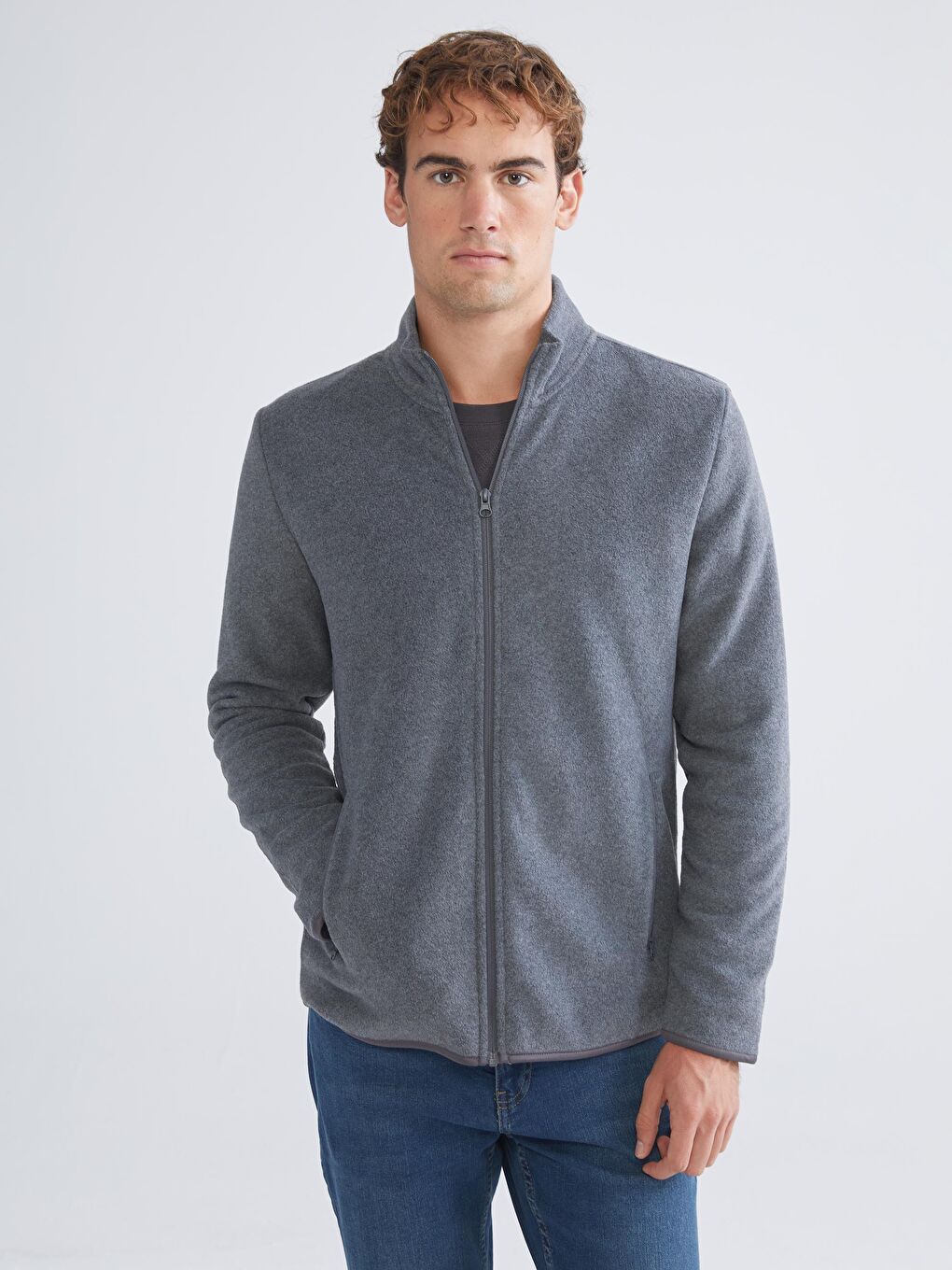 Standing Collar Long Sleeve Polar Men's Zippered Sweatshirt-1