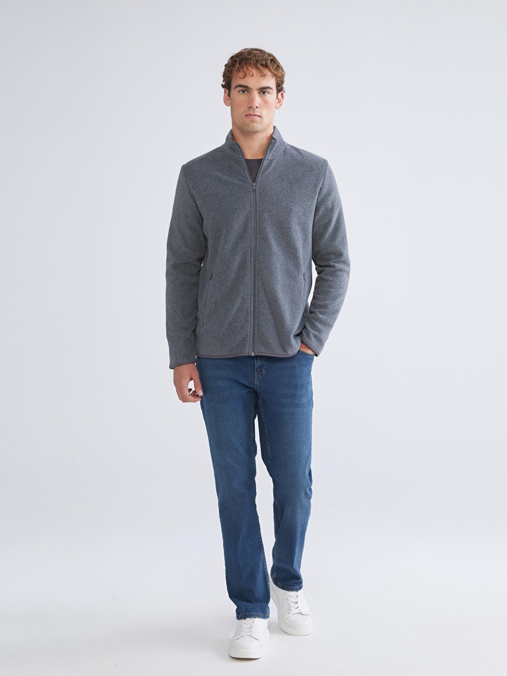 Standing Collar Long Sleeve Polar Men's Zippered Sweatshirt-2