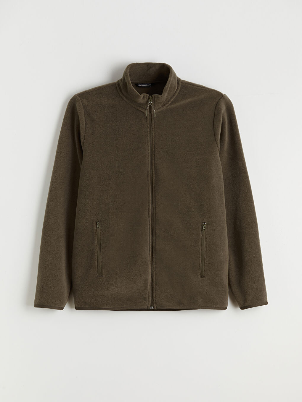 Haki Dik Yaka Uzun Kollu Polar Erkek Fermuarlı Sweatshirt-4