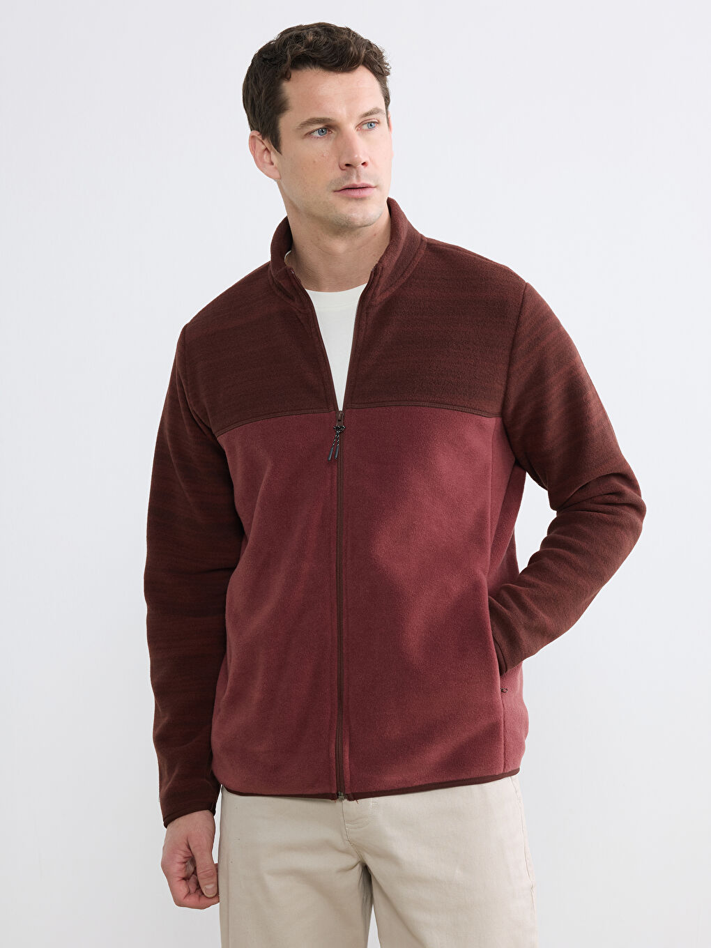 Bordo Dik Yaka Polar Erkek Fermuarlı Sweatshirt
