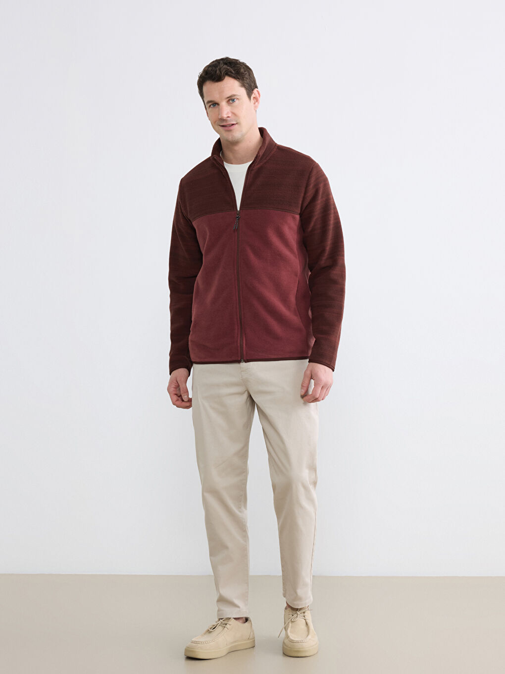 Bordo Dik Yaka Polar Erkek Fermuarlı Sweatshirt-1