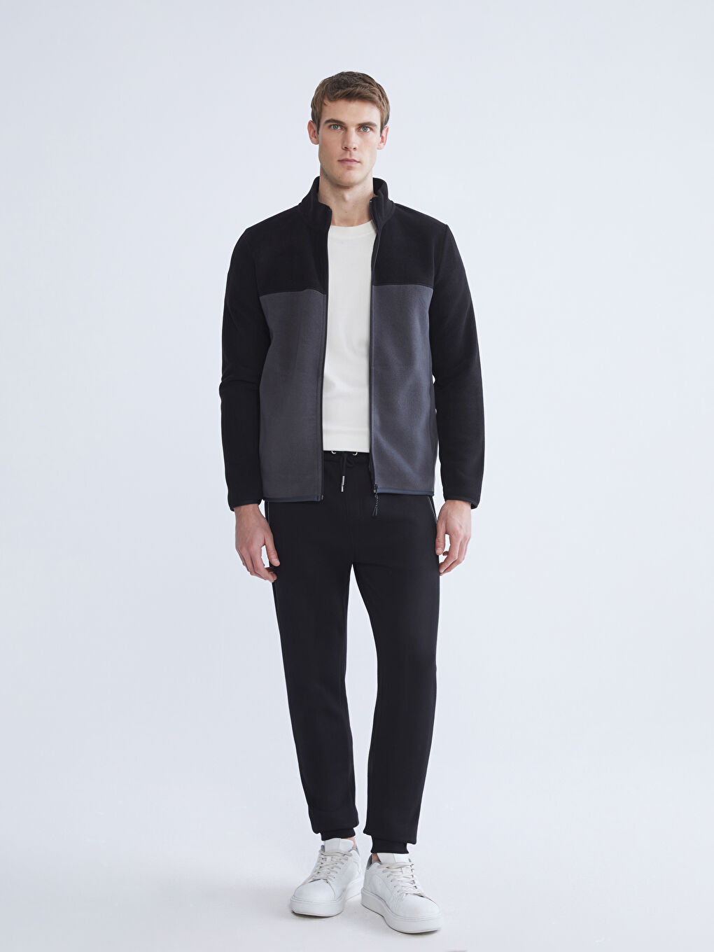 Siyah Dik Yaka Polar Erkek Fermuarlı Sweatshirt-1