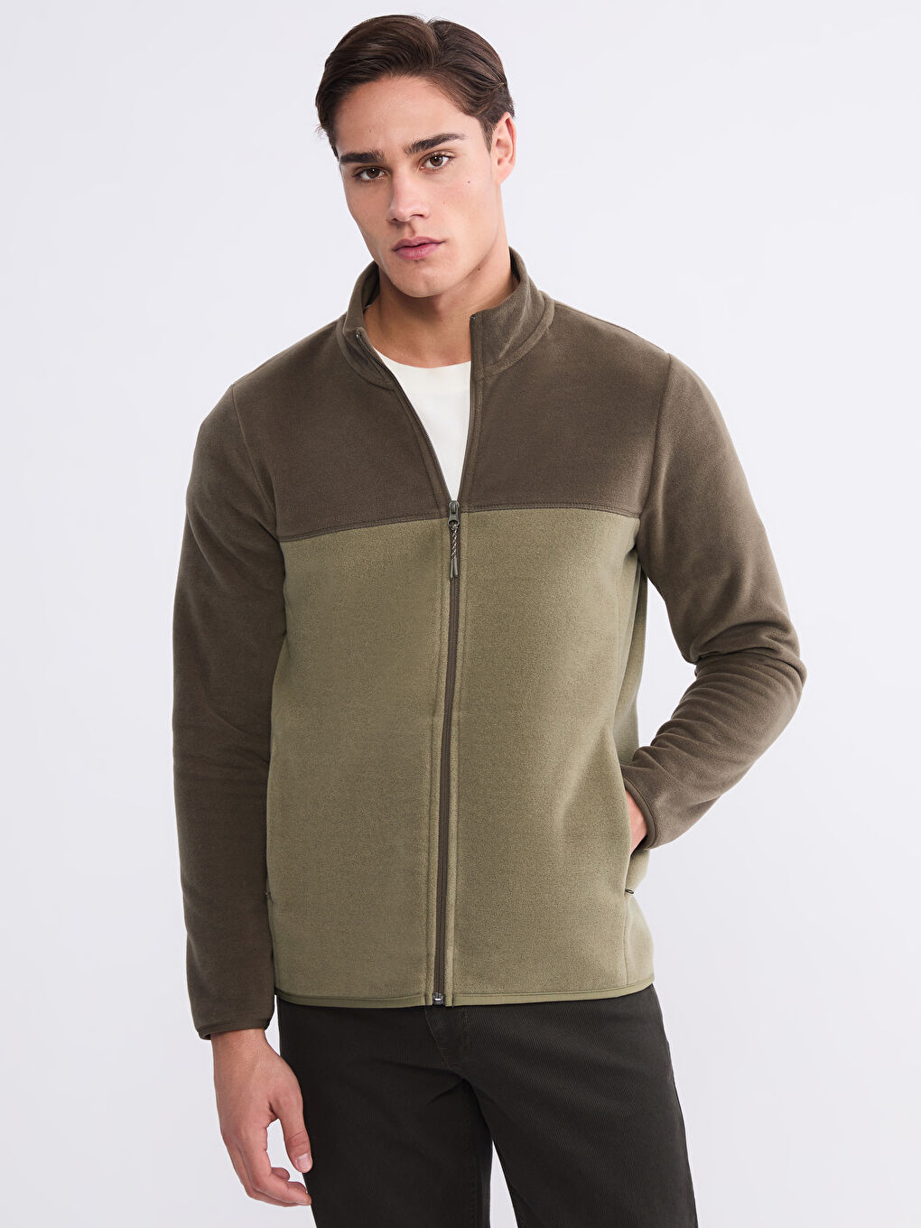 Haki Dik Yaka Polar Erkek Fermuarlı Sweatshirt