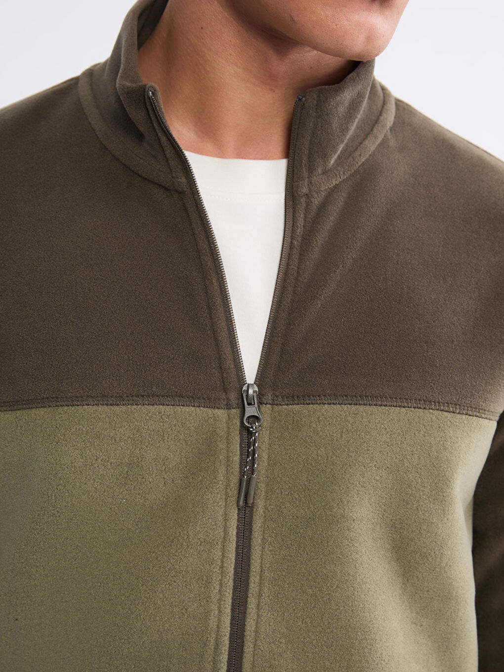 Haki Dik Yaka Polar Erkek Fermuarlı Sweatshirt-2