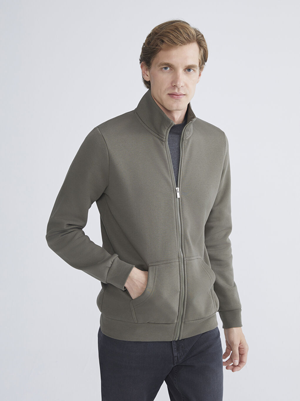 Haki Dik Yaka Erkek Fermuarlı Sweatshirt