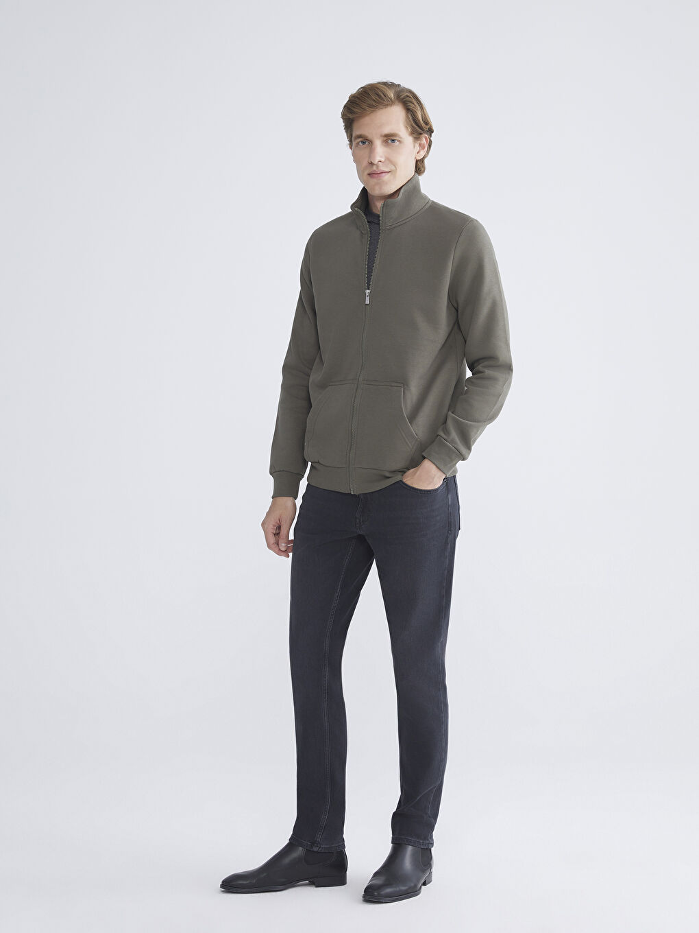 Haki Dik Yaka Erkek Fermuarlı Sweatshirt-1