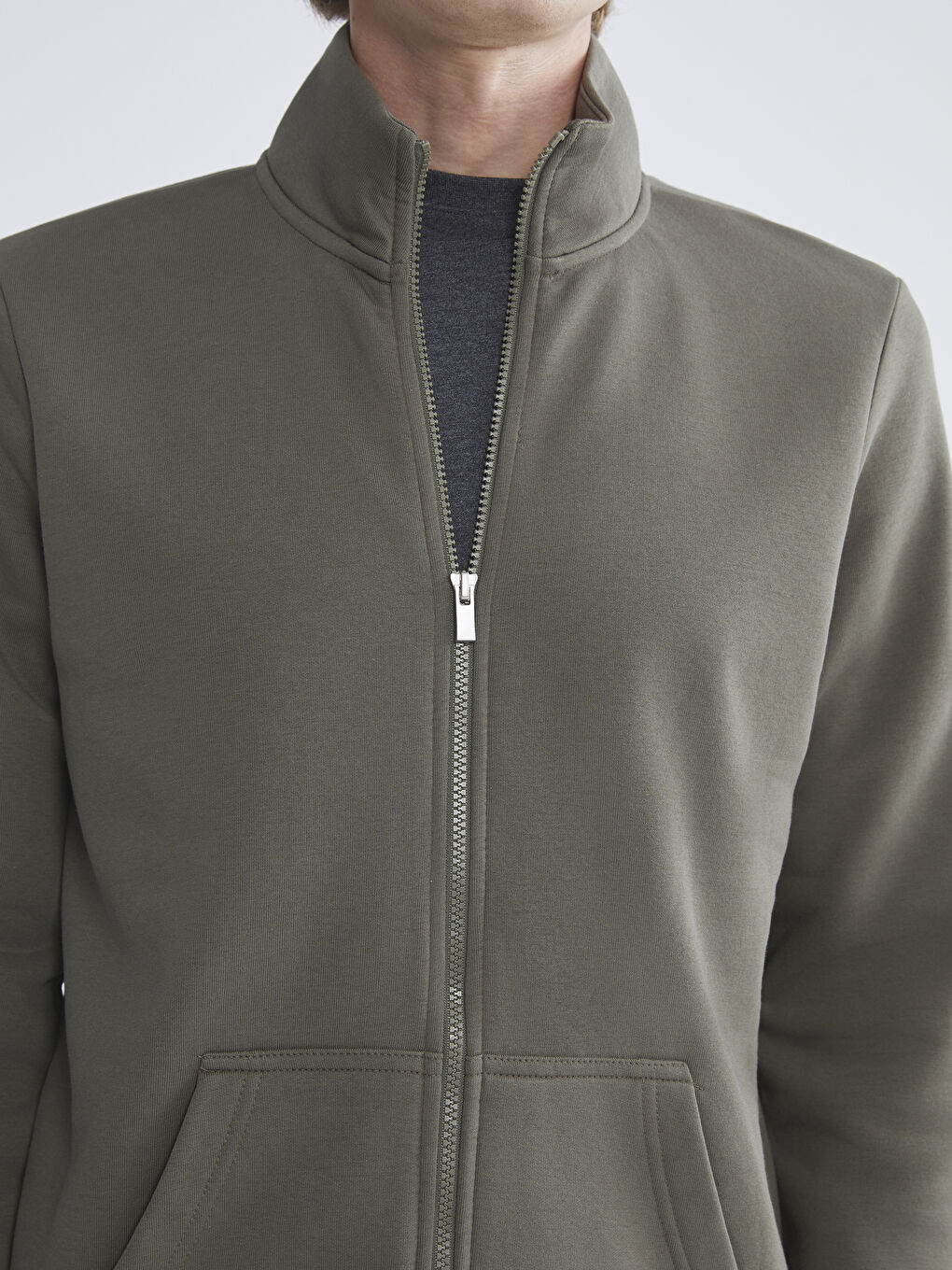 Haki Dik Yaka Erkek Fermuarlı Sweatshirt-2