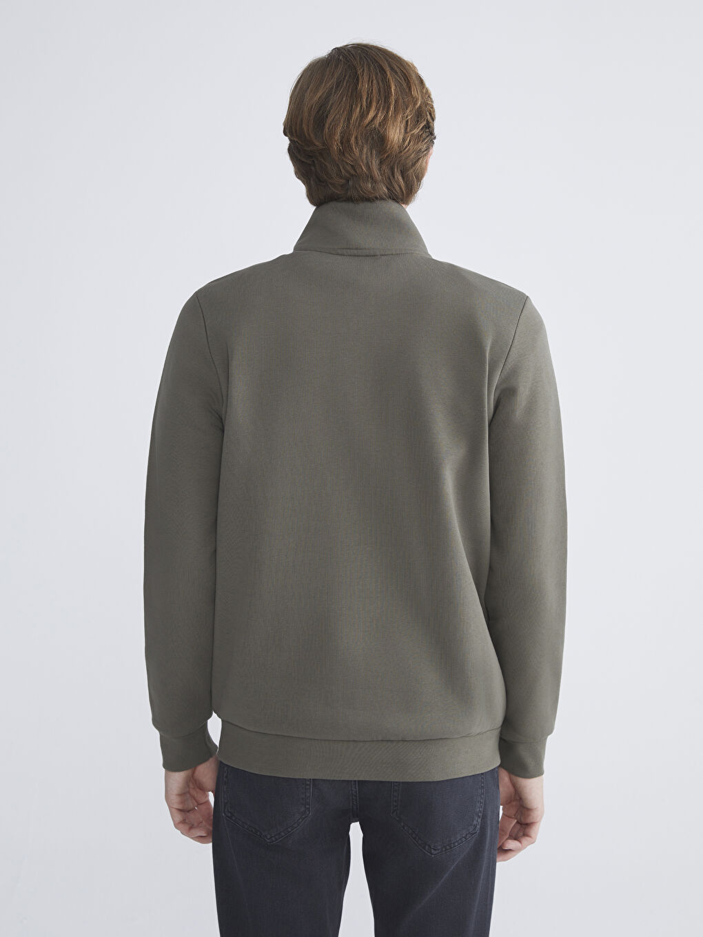 Haki Dik Yaka Erkek Fermuarlı Sweatshirt-3