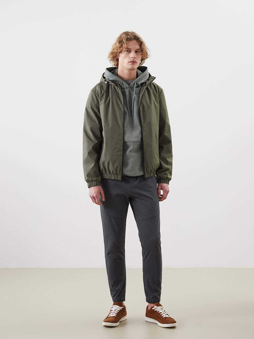 Haki Standart Kalıp Kapüşonlu Erkek Yağmurluk-3