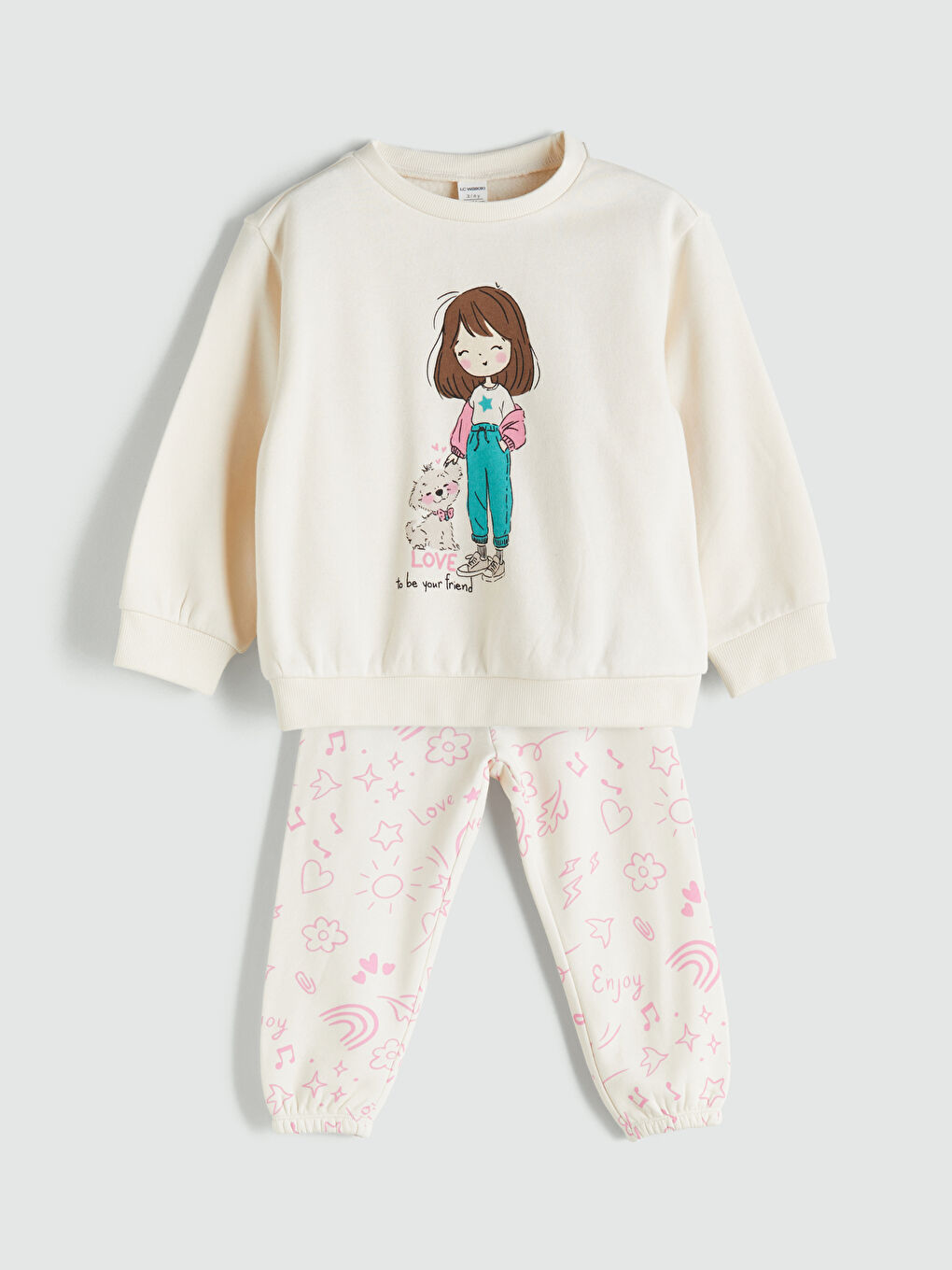 LCW Kids Коплект анцуг с кръгло деколте и отпечатка - Суитшърт и долнище за момичета, 2 броя -W5AJ35Z1-FRC