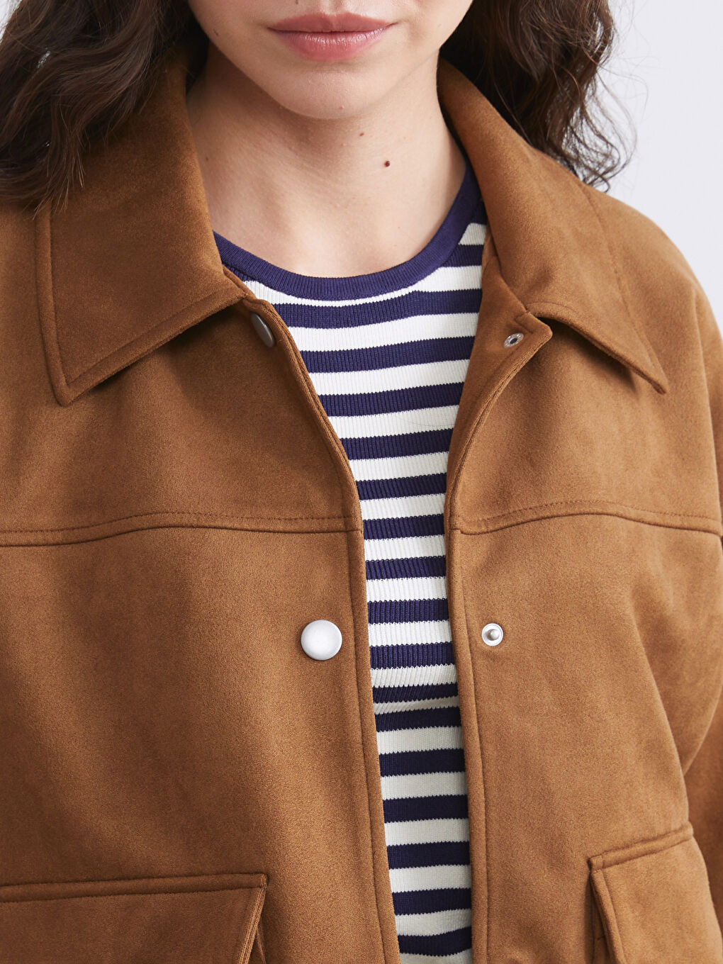 Kahverengi Gömlek Yaka Oversize Kadın Süet Görünümlü Ceket-2