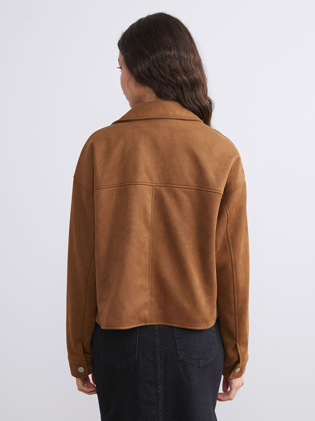 Kahverengi Gömlek Yaka Oversize Kadın Süet Görünümlü Ceket-4