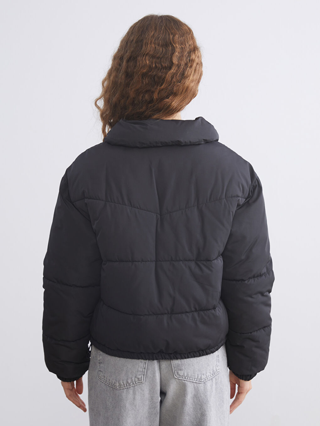 Siyah Dik Yaka Oversize Kadın Şişme Mont-3