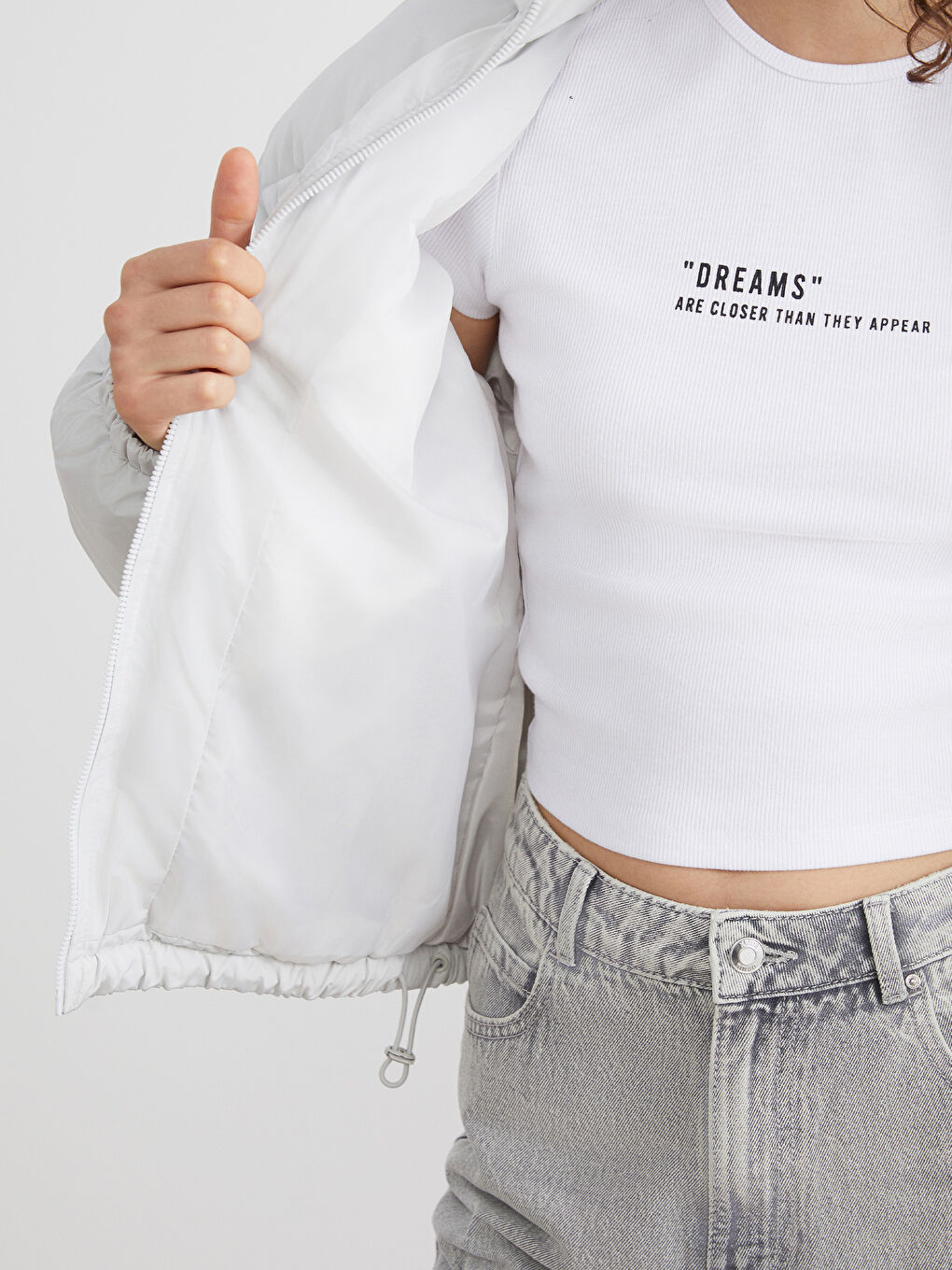 Gri Dik Yaka Oversize Kadın Şişme Mont-3