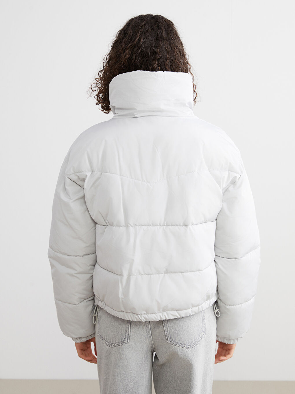 Gri Dik Yaka Oversize Kadın Şişme Mont-4